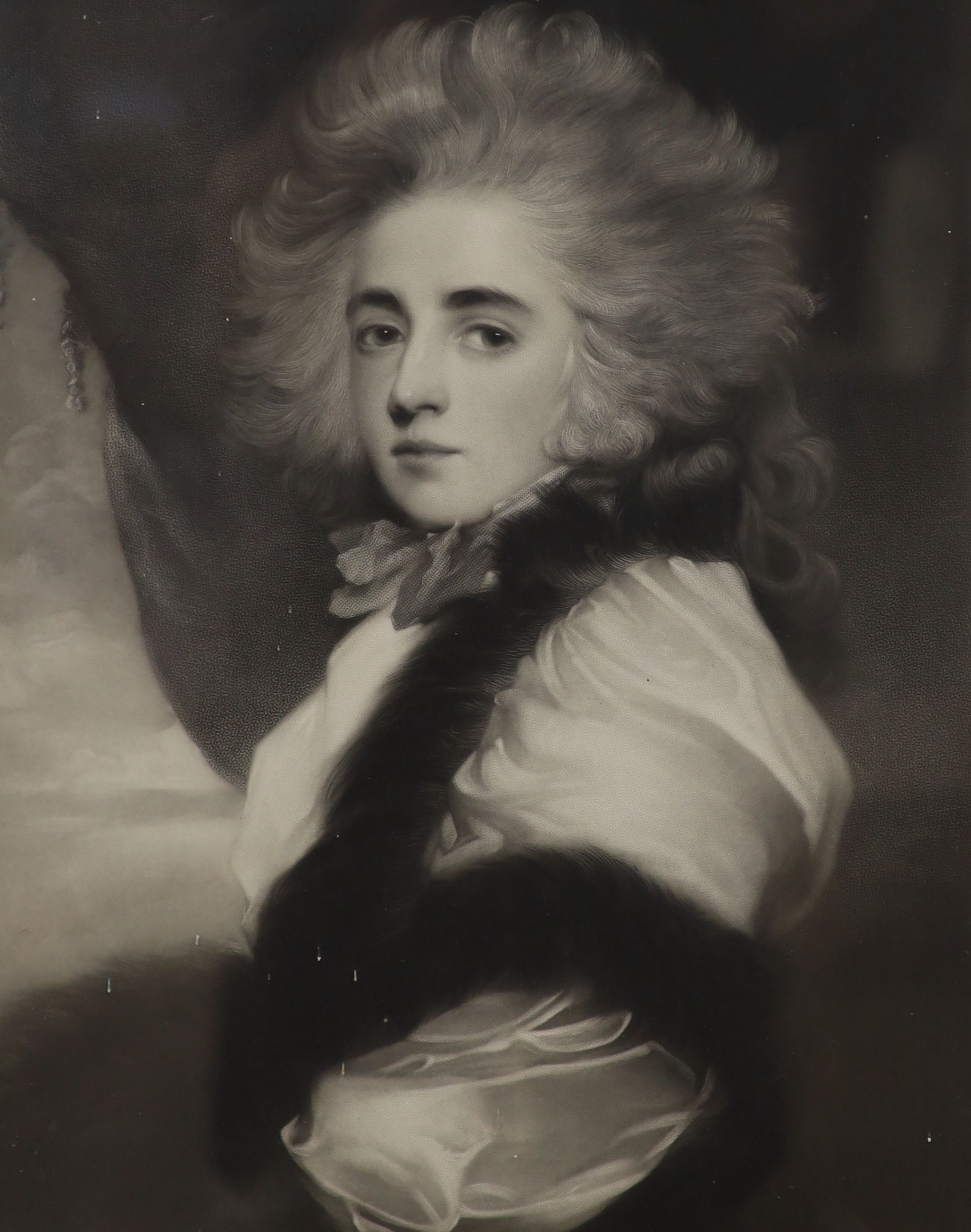Cecil Aldin, pair of chromolithographs, The Bell at Stilton and The White Hart at Hook, 36 x 60cm and a mezzotint of Miss Farren after Thomas Lawrence